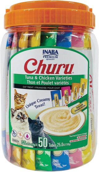 INABA Churu Lickable Cat Treats, Tuna & Chicken Variety, 50 Tubes (0.5 oz Each)