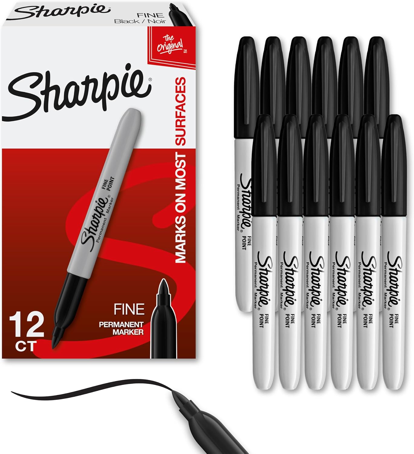 Sharpie Fine Tip Permanent Markers, Black, 12 Count