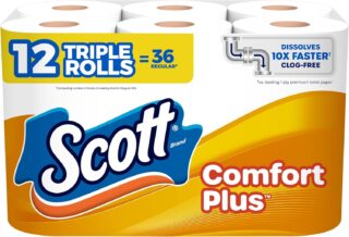 Scott ComfortPlus Toilet Paper, 12 Triple Rolls, 231 Sheets per Roll