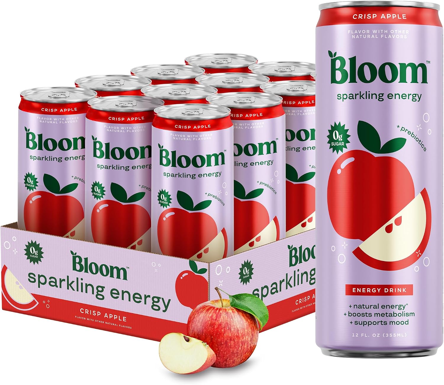 Bloom Nutrition Zero Sugar Energy Drink, Apple Crisp, 12oz 12-Pack